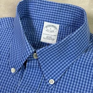 Brooks Brothers Non Iron Dress Shirt Mens Large Blue Gingham Slim Fit Supima